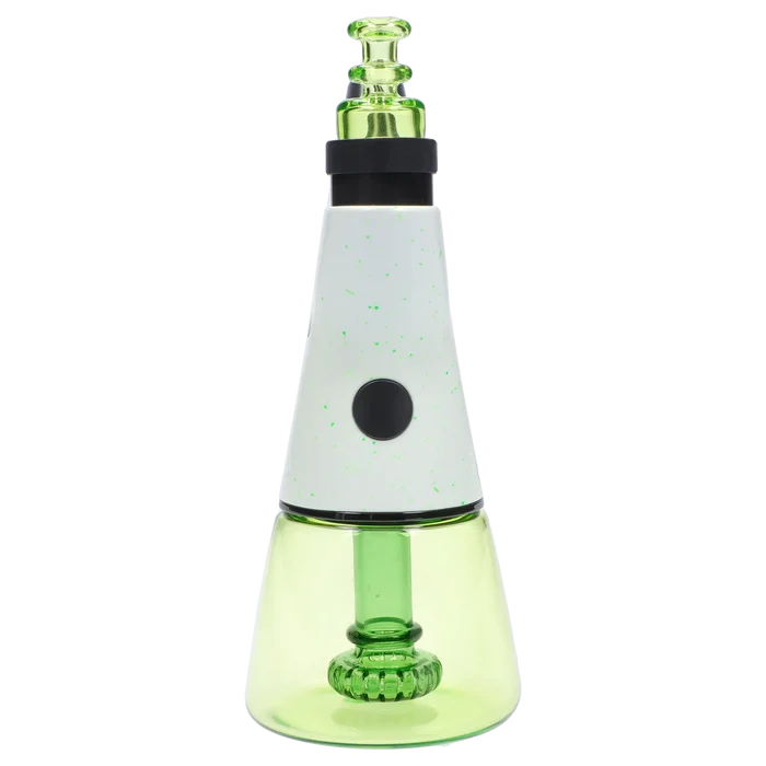 Centered front view of the Pulsar Rok - Limited Edition - Luna showing a white speckled conical top with a black button and a translucent green glass base and mouthpiece.