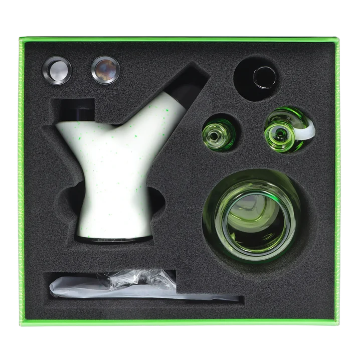 Top-down view of the Pulsar Rok - Limited Edition - Luna kit showing a white speckled Y-shaped main piece and green glass components nested in black foam.