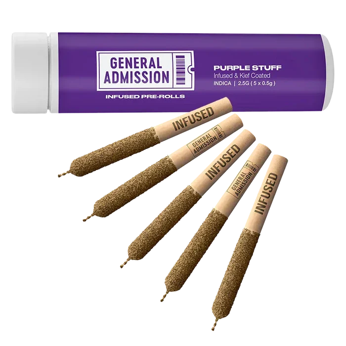 Angled close-up of five kief-coated pre-rolls arranged fanned out beneath the purple tube labeled "Purple Stuff Infused PR 5 x 0.5 g."