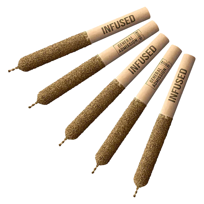 Angled top-down view of five paper-wrapped "Purple Stuff Infused PR 5 x 0.5 g" sticks coated in a coarse brown crumb against a white background