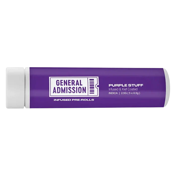 Horizontal product shot of the Purple Stuff Infused PR 5 x 0.5 g clear plastic tube with a purple label and "General Admission" logo centered.