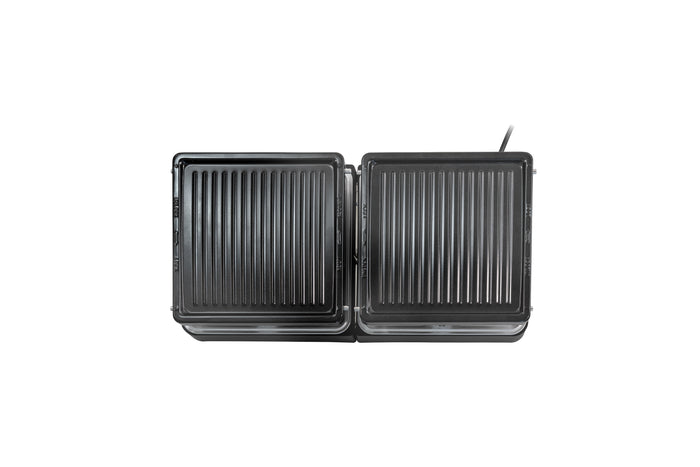 Eine Draufsicht auf den ausziehbaren Elektrogrill Raclette von Unold mit zwei schwarzen, rechteckigen, geriffelten Kochplatten nebeneinander auf weißem Hintergrund.