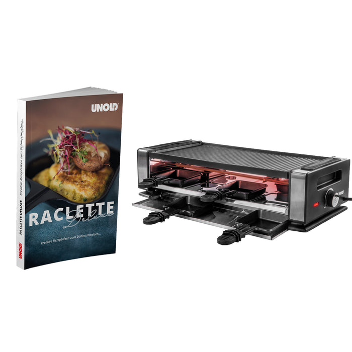 Das Unold Raclette Finesse Basic, einschließlich des Raclette"-Buches, wird mit seinem Mehrschalengrill neben dem Kochbuch mit einem Gericht auf dem Cover präsentiert.