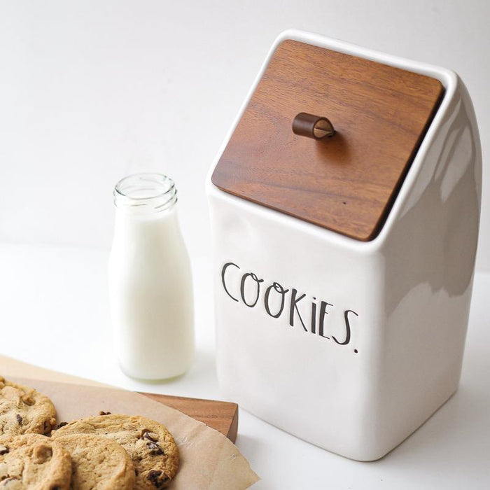 RAE DUNN CLAY - STEM PRINT COOKIES CANISTER, WOOD LID