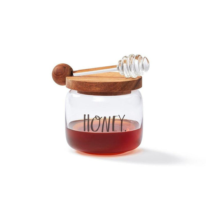 RAE DUNN CLAY - STEM PRINT GLASS HONEY POT, WOODEN LID, AND DIPPER