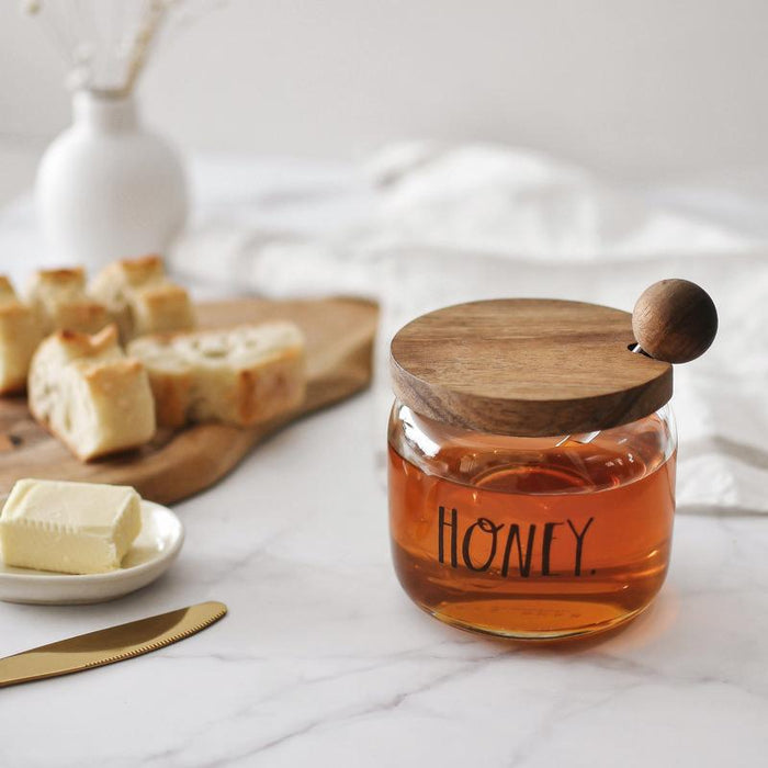 RAE DUNN CLAY - STEM PRINT GLASS HONEY POT, WOODEN LID, AND DIPPER