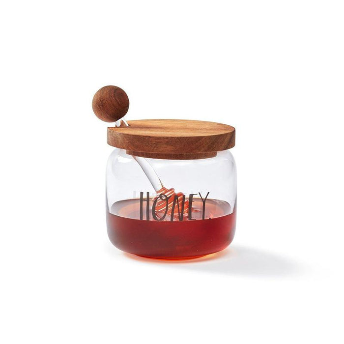 RAE DUNN CLAY - STEM PRINT GLASS HONEY POT, WOODEN LID, AND DIPPER