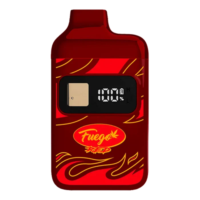 Front-facing view of the red Rainbow GLTO Liquid Diamond Disposable Vape with a small rectangular digital display showing "100%" and flame graphics on a white background