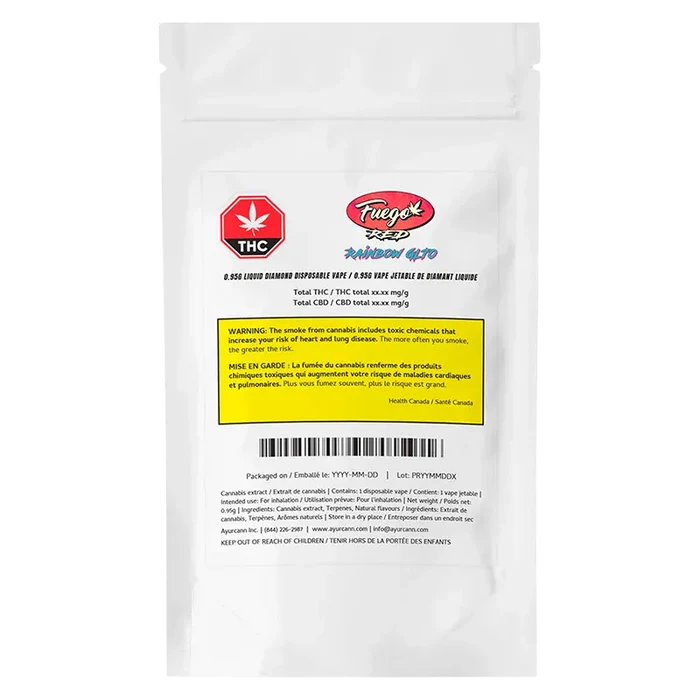 Front-facing shot of the white resealable pouch labeled "Fuego XPD Rainbow GLTO Liquid Diamond Disposable Vape" with warning box, THC symbol, and barcode visible.