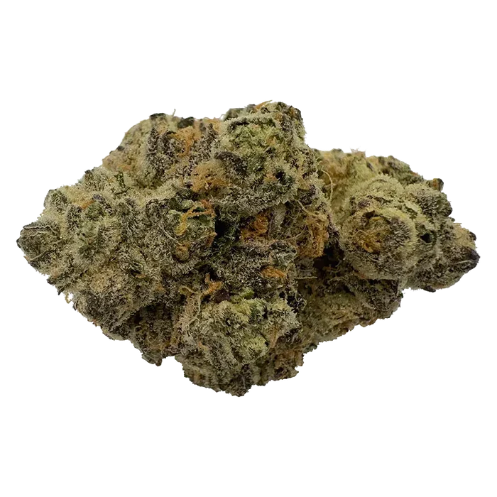 Close-up front view of a frosty green and orange bud labeled Rare Cuts, shown against a white background.