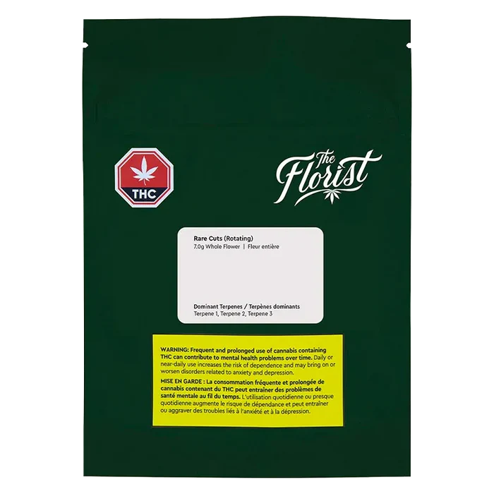 Front view of the dark green Rare Cuts pouch with white "The Florist" logo, THC symbol, and product label and warning blocks.