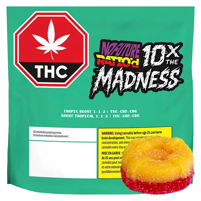 Front-facing pack shot of a teal pouch labeled Ratio'd Tropic Boost Gummies with a red THC stop sign logo and a sugar-coated yellow-red gummy at the lower right