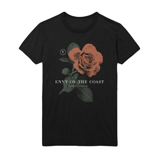 Envy On The Coast Black Rose T-Shirt displays a large red rose with green leaves, a small circular logo, and ENVY ON THE COAST printed in white beneath the design.