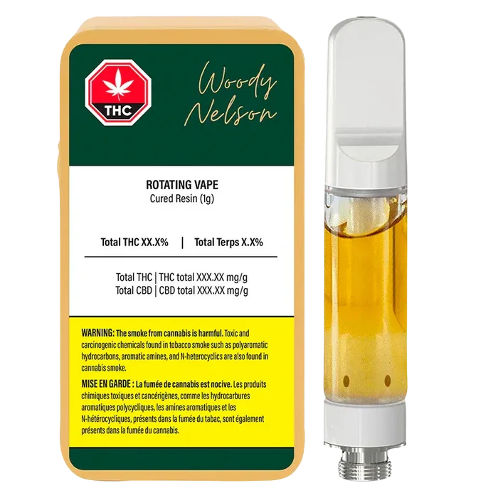 Right-side view of the Rotating Live Resin Vape Cartridge standing beside its Woody Nelson labeled 1g packaging, showing golden liquid and white mouthpiece