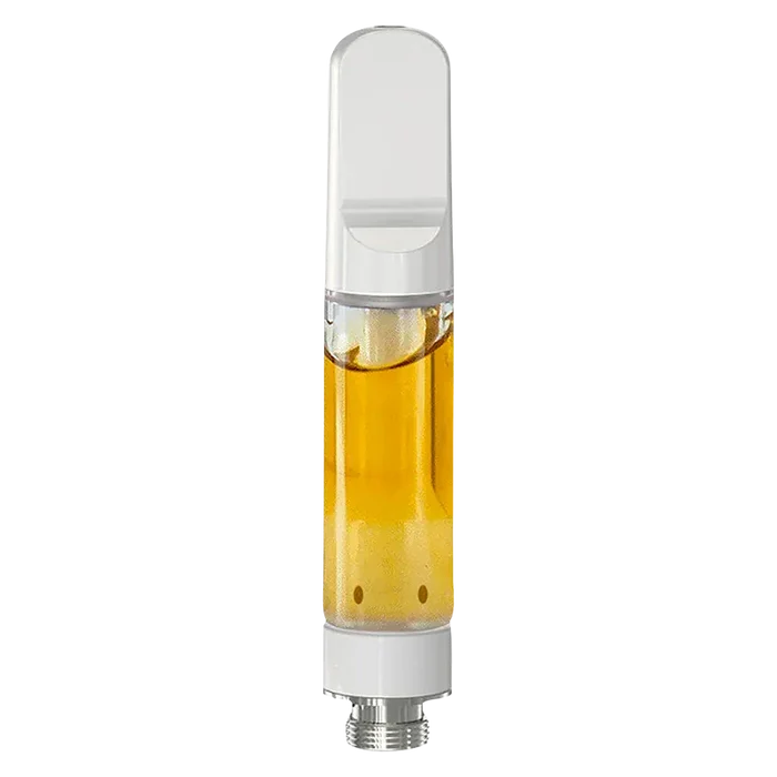 Close-up front view of a glass cartridge filled with golden oil showing the Rotating Live Resin Vape Cartridge against a white background.