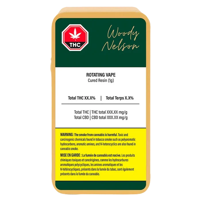 Front-facing label view of the Rotating Live Resin Vape Cartridge showing a green header with Woody Nelson script, THC symbol and yellow warning block.