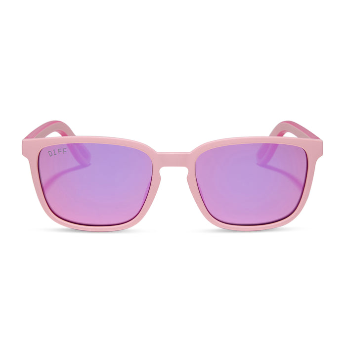 diff sport featuring the rush square sunglasses with a matte baby pink frame and pink rush mirror polarized lenses front view