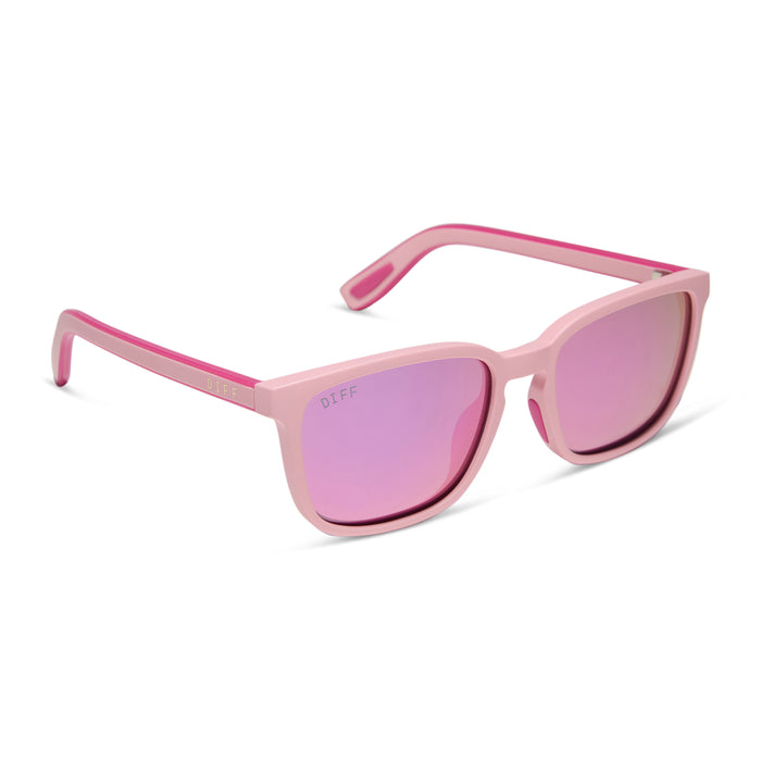 diff sport featuring the rush square sunglasses with a matte baby pink frame and pink rush mirror polarized lenses angled view