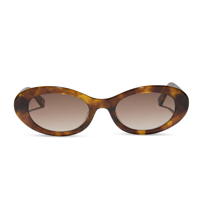 for love & lemons x diff eyewear featuring the sabrina oval sunglasses with a honey tortoise acetate frame and brown gradient lenses front view