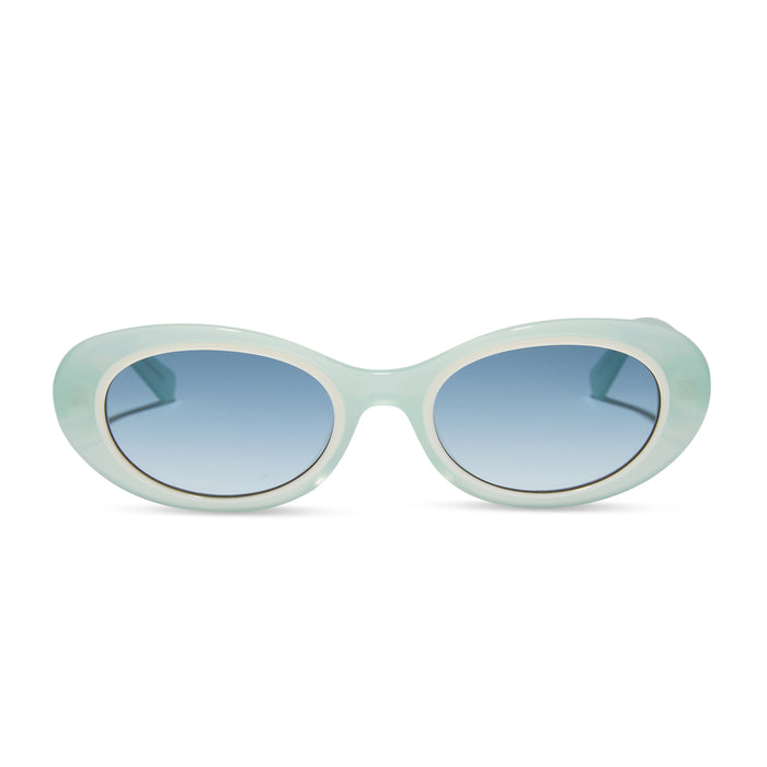 for love & lemons x diff eyewear featuring the sabrina oval sunglasses with a pastel sage acetate frame and blue gradient lenses front view