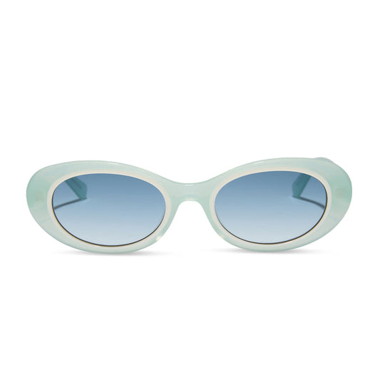 for love & lemons x diff eyewear featuring the sabrina oval sunglasses with a pastel sage acetate frame and blue gradient lenses front view