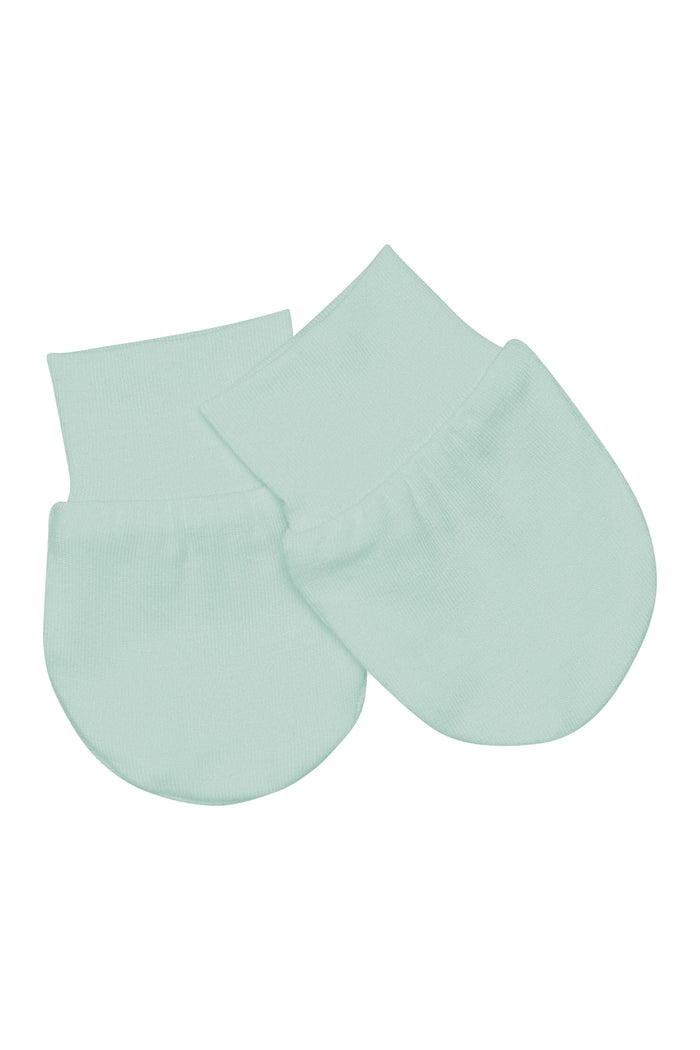 Flat lay of Kyte Baby Scratch Mittens in Sage