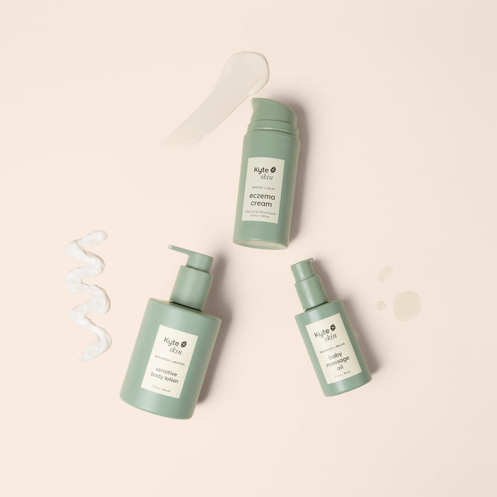 Three skincare products from Kyte Skin on a light beige background
