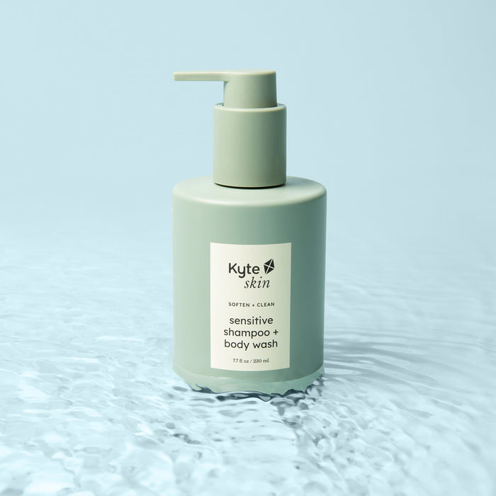 Kyte Skin shampoo and body wash bottle on a light blue background