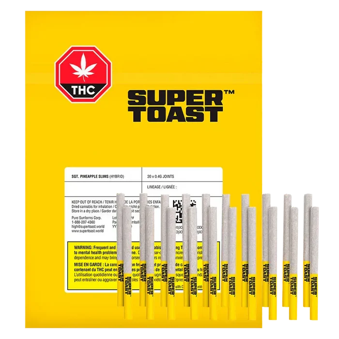 Bright frontal shot of a yellow packet and lined pre-rolls featuring the brand and name "Sgt. Pineapple Slims PR 20 x 0.4 g" arranged upright against a white background.
