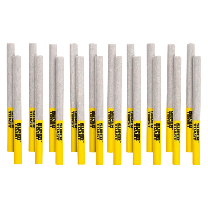 Row of white pre-rolled cones with bright yellow filters labeled "SUPER TOAST," photographed front-on as the Sgt. Pineapple Slims PR 20 x 0.4 g are evenly spaced against a white background.