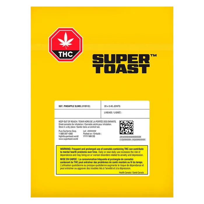 Yellow front-facing pouch with a red THC stop sign and bold SUPER TOAST logo, labeled Sgt. Pineapple Slims PR 20 x 0.4 g above a white info panel.