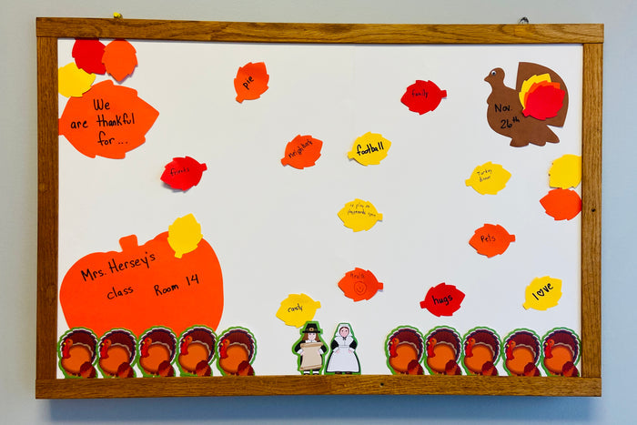 Assorted fall cutouts add charm to Thanksgiving classroom displays