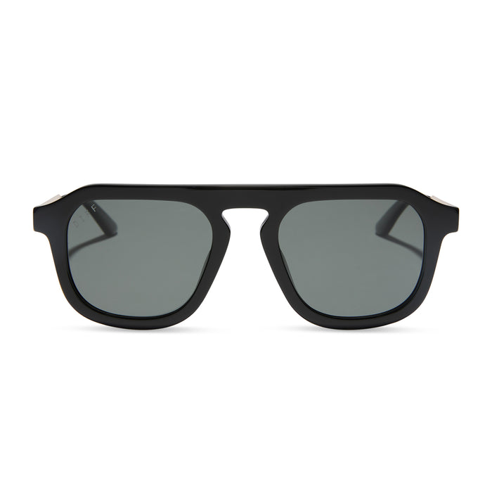 jena sims x diff eyewear featuring the sims navigator sunglasses with a black acetate with gold metal frame and grey gradient polarized lenses front view