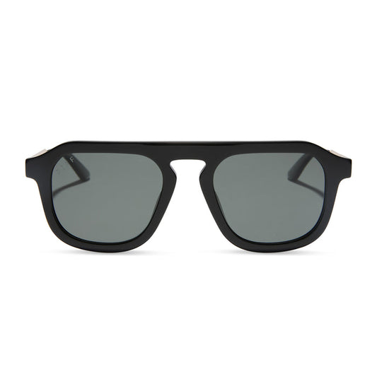 jena sims x diff eyewear featuring the sims navigator sunglasses with a black acetate with gold metal frame and grey gradient polarized lenses front view