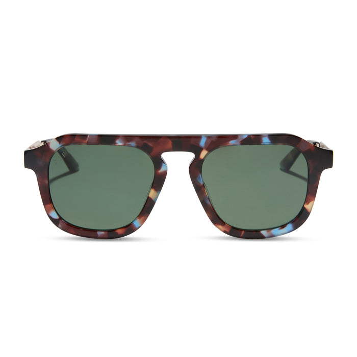jena sims x diff eyewear featuring the sims navigator sunglasses with a blue color pop with gold metal frame and g15 polarized lenses front view