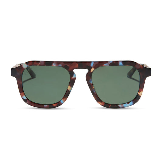 jena sims x diff eyewear featuring the sims navigator sunglasses with a blue color pop with gold metal frame and g15 polarized lenses front view