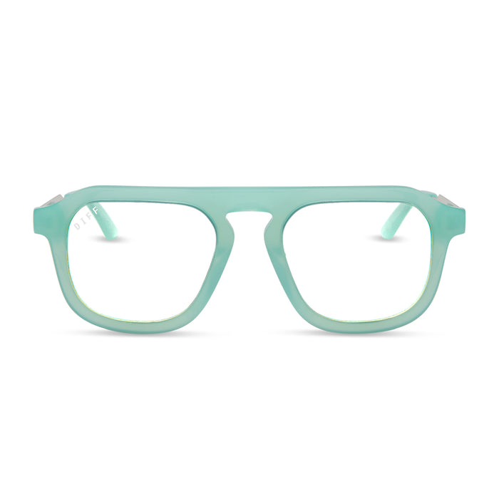 jemna sims x diff eyewear featuring the sims navigator prescription glasses with a bronco blue and silver metal frame front view