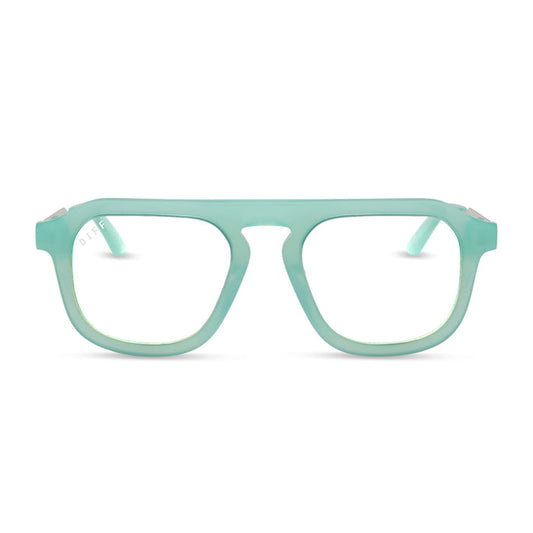 jemna sims x diff eyewear featuring the sims navigator prescription glasses with a bronco blue and silver metal frame front view