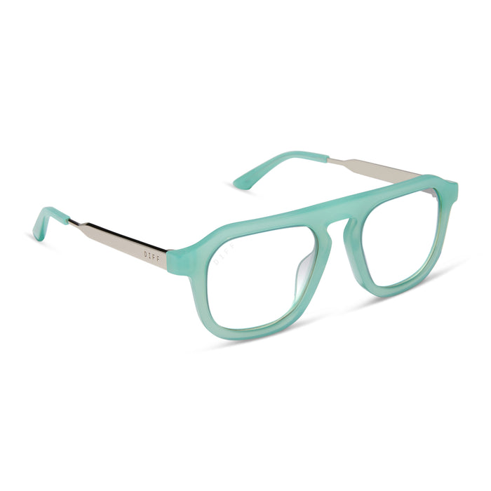 jemna sims x diff eyewear featuring the sims navigator prescription glasses with a bronco blue and silver metal frame angled view