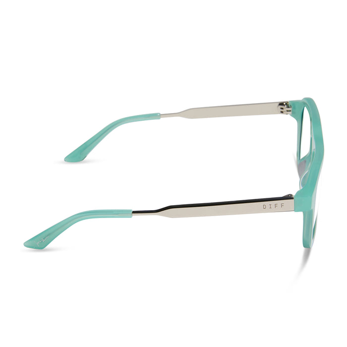 jemna sims x diff eyewear featuring the sims navigator prescription glasses with a bronco blue and silver metal frame side view