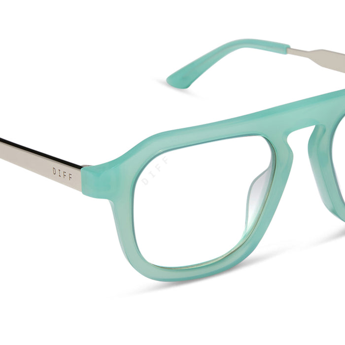 jemna sims x diff eyewear featuring the sims navigator prescription glasses with a bronco blue and silver metal frame detailed view