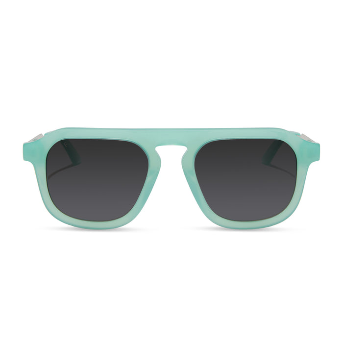 jemna sims x diff eyewear featuring the sims navigator prescription sunglasses with a bronco blue and silver metal frame front view