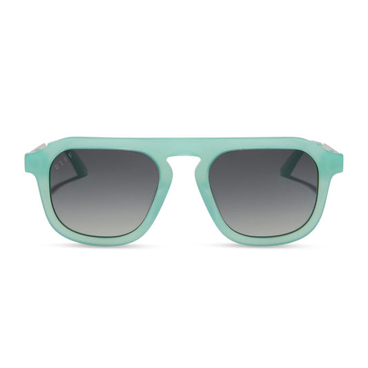 jena sims x diff eyewear featuring the sims navigator sunglasses with a bronco blue with silver metal frame and grey gradient polarized lenses front view