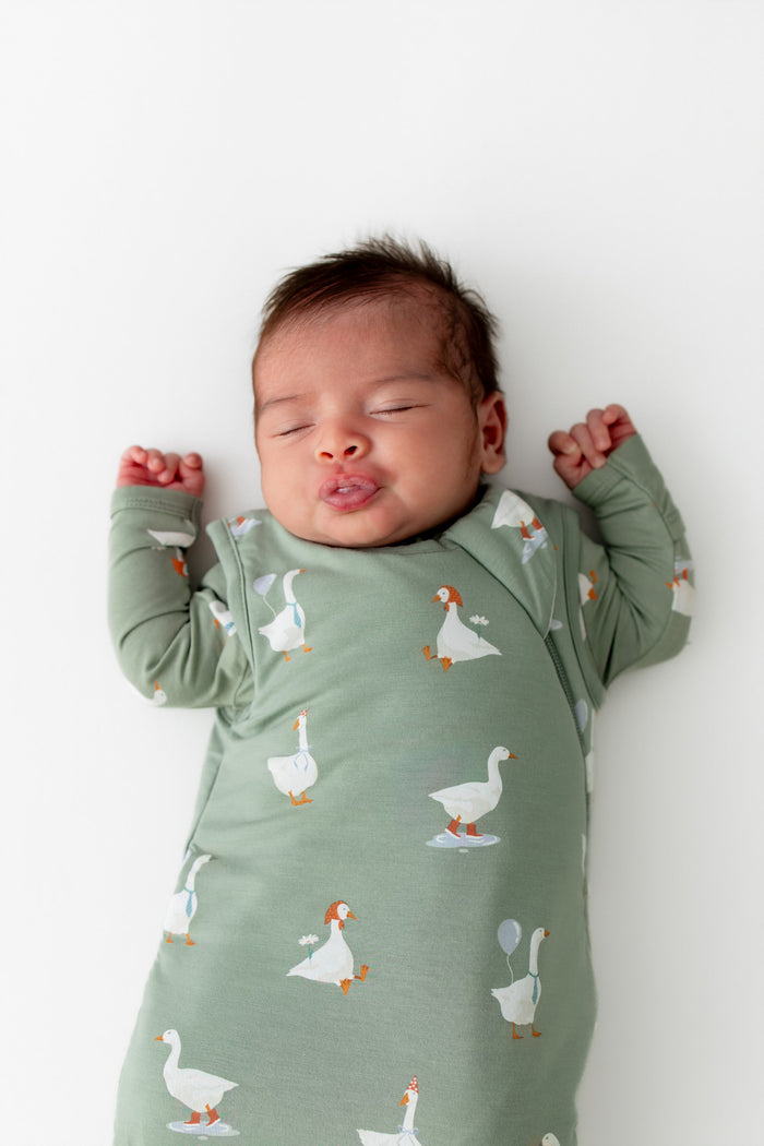 Newborn baby wearing a green sleep bag with silly goose pattern on a white background