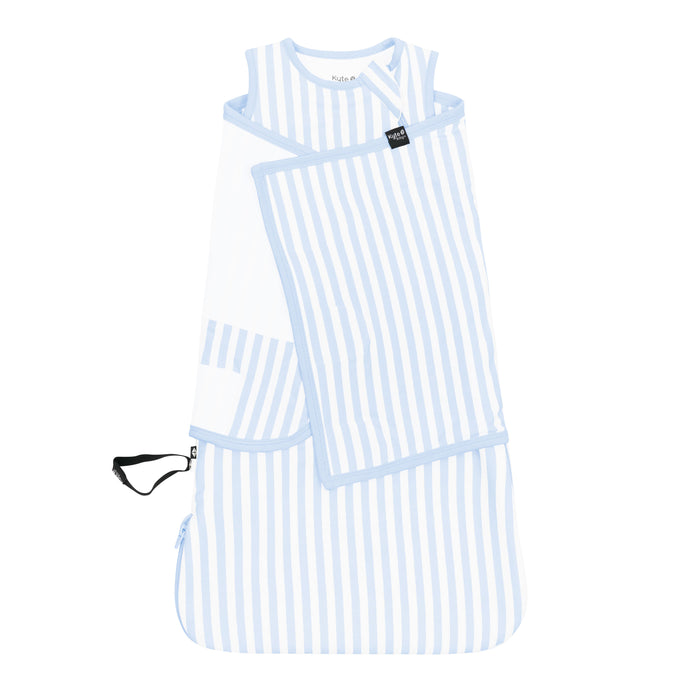 Sleep Bag Swaddler in Small Mist Stripe 1.0 shown swaddled