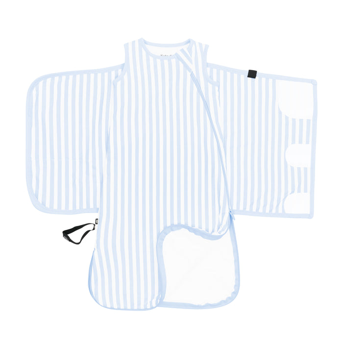 Double zipper system shown on an unswaddled Sleep Bag Swaddler in Small Mist Stripe 1.0