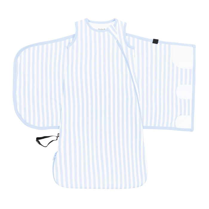 Adjustable velcro shown on an unswaddled Sleep Bag Swaddler in Small Mist Stripe 1.0