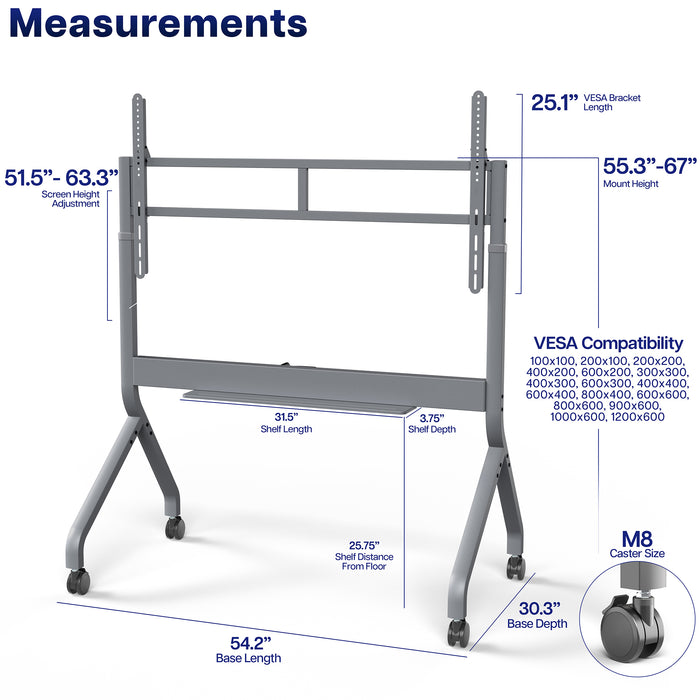 Slim Manual Height Adjustable TV Cart - 60” to 110” Screens