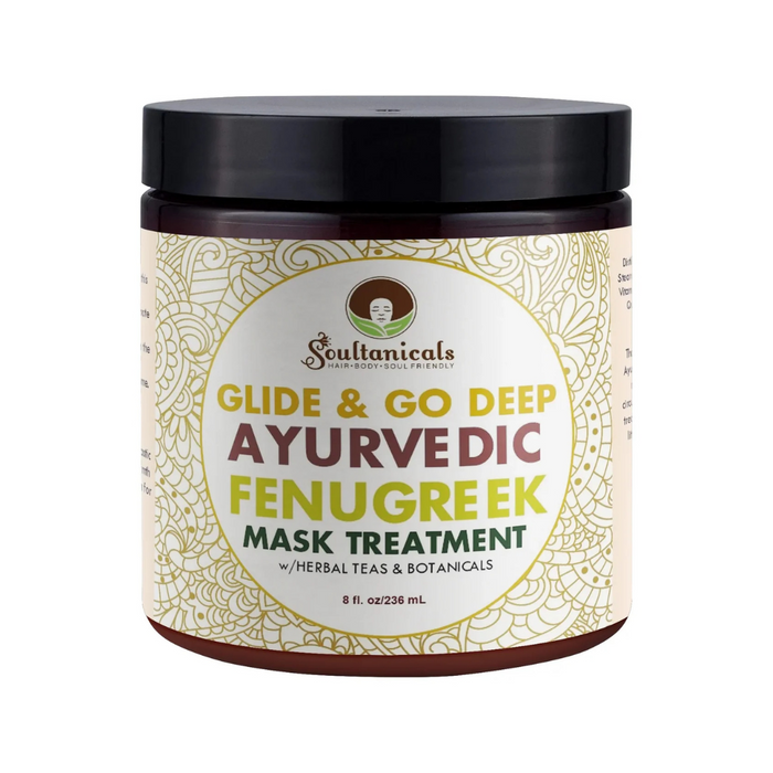 Jar of Soultanicals Glide & Go Deep Ayurvedic Fenugreek Mask Treatment on a white background