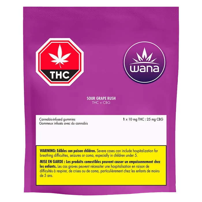 Front-facing image of the purple pouch labeled Wana Sour Grape Rush Gummies with THC icon and warning panel.
